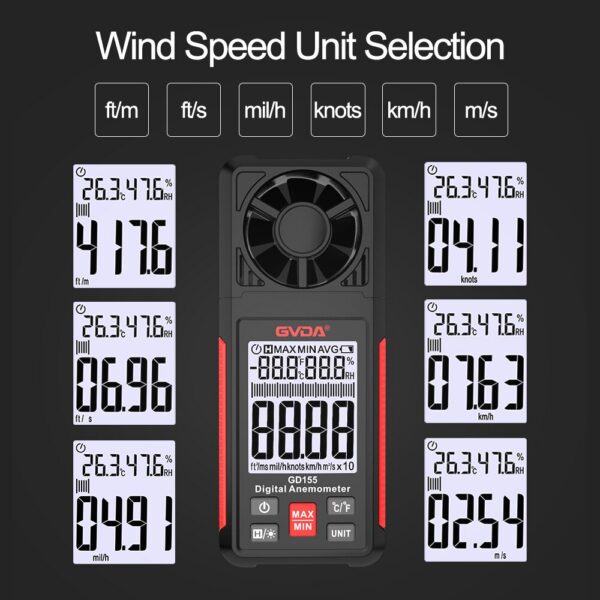 GVDA Digital Anemometer Handheld Meter GD155 for Measuring Speed Temperature and Wind Chill with Backlight LCD