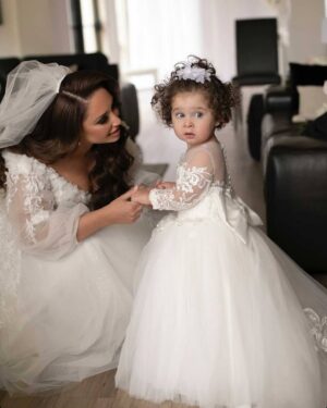 88714ede712bf315 BABYONLINE Long Sleeve White Ivory Flower Girl Dresses for Wedding Guest Child Kids Bridesmaid Lace Floral Tulle Skirt Ball Gown