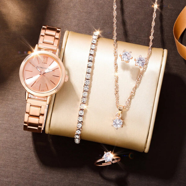 889f299e4ddec3df 6 PCS New Love Rhinestone Jewelry Ladies Ring Necklace Earrings Bracelet Set Simple Digital Steel Strap Quartz Watch