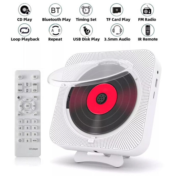 Portable Bluetooth Speaker Stereo Players LED Screen Wall Mountable CD Music Player with IR Remote Control FM Radio