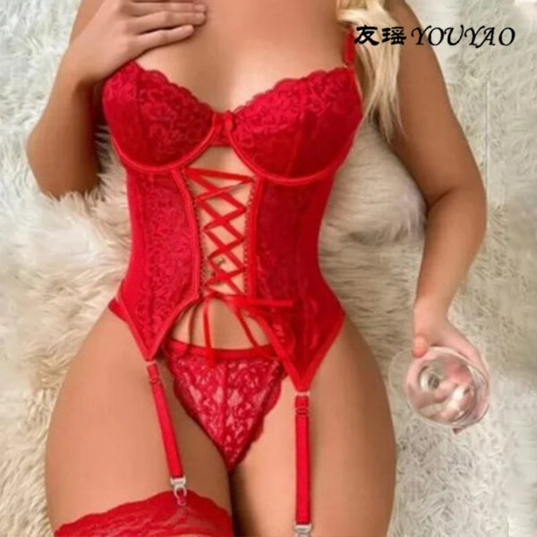 88cfca54a84ce0d0 Sexy Crotchless Blue Lingerie Women Lace Hollow Bodysuit Erotic Pajamas Teddy Babydoll Dress Deep V Open Bra Porn Underwear Set
