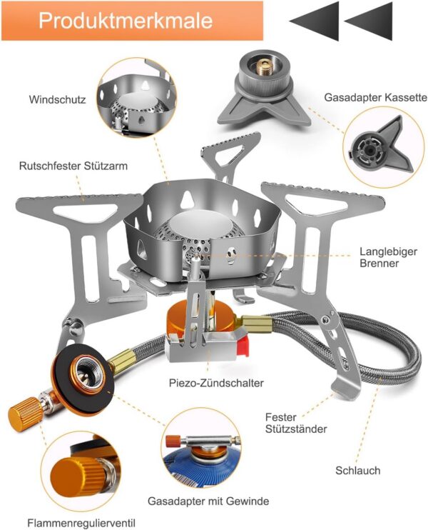 AUTOPkio Campingkocher 3500W, Winddicht Gas Campingkocher mit Piezozündung Faltbar Gaskocher Gasbrenner mit Adapter Gasherd für Outdoor Picknick Trekking Hiking Wandern