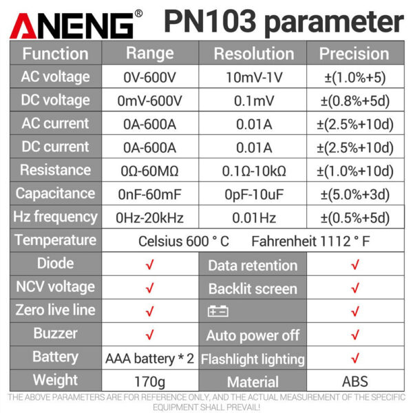 88f1e665127f05b6 ANENG PN103 6000 Counts Digital Clamp Meter Multimeter 600A AC Current AC/DC Voltage Tester Hz Capacitance NCV Ohm Diode Testers