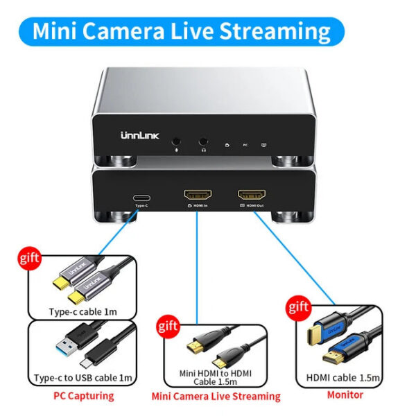 Unnk 4K 60Fps Video Capture Card USB C 3.1 Grabber Live Streaming 2K 120Fps Game Recording for PS5 Xbox Switch Phone Camera