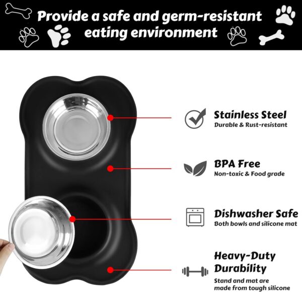 AsFrost Dog Food Bowls Stainless Steel Pet Bowls & Dog Water Bowls No Spill Non Skid, Feeding Bowls with Dog Bowls Silicone Mat for Small Medium Large Size Dogs, Cat Pet Dog Dishes Set, Black, 3 Cup