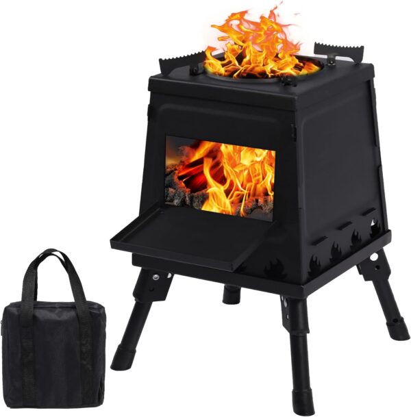 Lineslife Wood Burning Camp Stove, Portable Cast Iron Camping Wood Stove, Black Woodstove with Carrying Case for Backpacking Outdoor Cooking