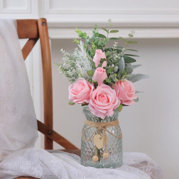 Faux Flowers with Vase,Artificial Silk Roses in Vase, Fake Plant Eucalyptus Flower Arrangement for Home Office Farmhouse Bathroom Dining Table Centerpiece Decorations Coffee Table Decor (Burgundy)