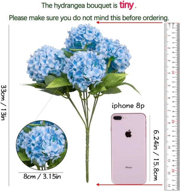 GREENTIME 13” Artificial Hydrangea Flowers Faux Hydrangea Bouquet with 7 Head 3.15” Tiny Hydrangea for Wedding Bouquet Party Home Decor DIY Baby Shower Centerpieces Tables Decoration(Blue)