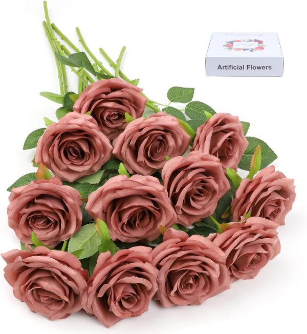 Artificial Rose Flower Dusty Rose Flower Silk Flowers 12 pcs with Long Stem Silk Roses Bouquet for Wedding Bridal Shower Party Home Decoration