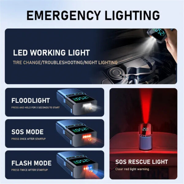 Car Jump Starter Pump Power Bank Lighting Portable Air Compressor 4 In 1 Cars Battery Starters Starting Auto Tyre Iator
