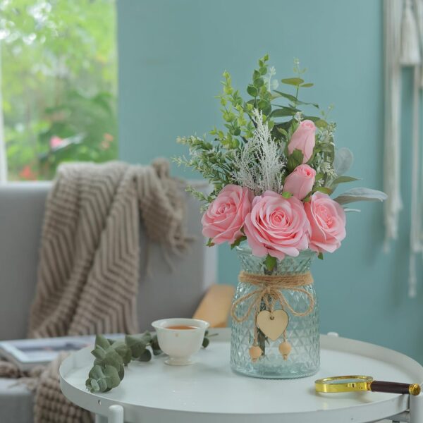 Faux Flowers with Vase,Artificial Silk Roses in Vase, Fake Plant Eucalyptus Flower Arrangement for Home Office Farmhouse Bathroom Dining Table Centerpiece Decorations Coffee Table Decor (Pink)