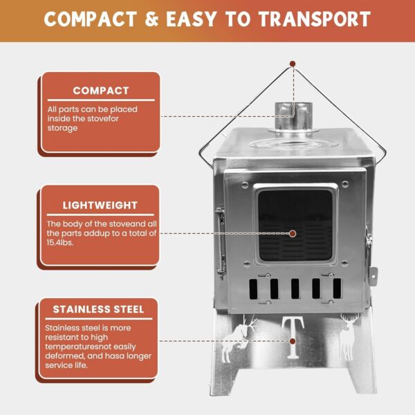 8c4015c3fe63b4c1 WUDLEP Tent Camping Stove, Tent Stove Wood Burning Stoves, Portable Stainless Steel Tent Wood Stoves with Chimney Pipes Portable Camping Cookware for Camping Heating Lodging Cooking