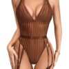 8c5d112c4dd6e354 Kaei&Shi Sexy Ribbed Top,Plunge V, Snap Crotch, Leg Strap, Backless 3Pc Bodysuit