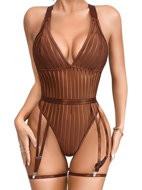 8c5d112c4dd6e354 Kaei&Shi Sexy Ribbed Top,Plunge V, Snap Crotch, Leg Strap, Backless 3Pc Bodysuit