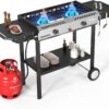 ROVSUN 2 Burner Outdoor Propane Gas Stove with Auto-ignition, Regulator & Shelf, 150,000 BTU Powerful Stand Cooker for Backyard Patio Cooking Home Brewing Canning Turkey Frying