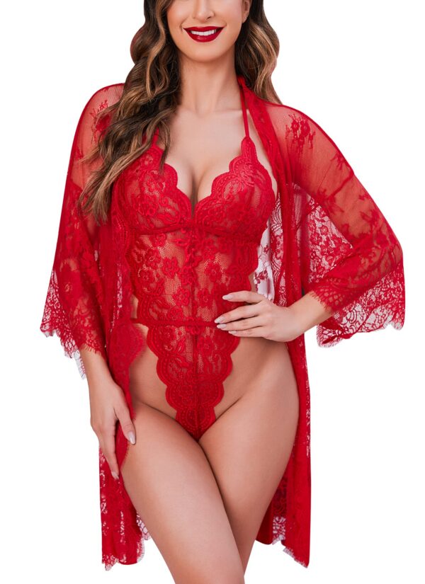 Avidlove Women Sexy Set 2 Piece Kimono Robe with Lace Teddy Lingerie Bodysuit