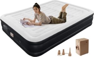 BEBAS Queen Size Air Mattress with Built in Pump Fast Electric Inflation/Deflation Mattress Blow up Bed Inflatable for Home,Guests,Office,Camping Airbed 16 Inch Tall,600lbs Max,Black