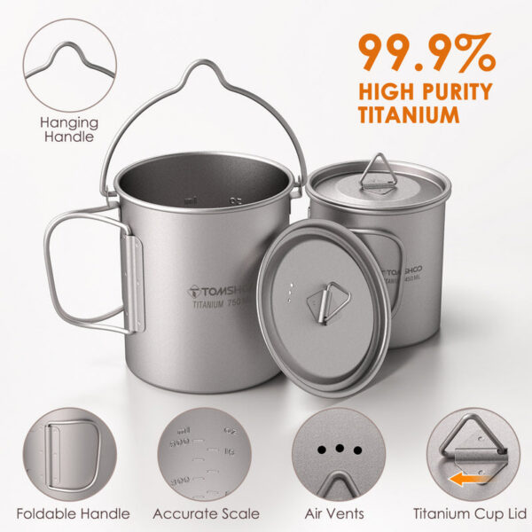 8d8de15e72695d70 Tomshoo 3 PCS Titanium Cookware Set Ultralight 750ml Pot 450ml Water Cup Mug w Lid Folding Spork for Outdoor Camping Backpacking