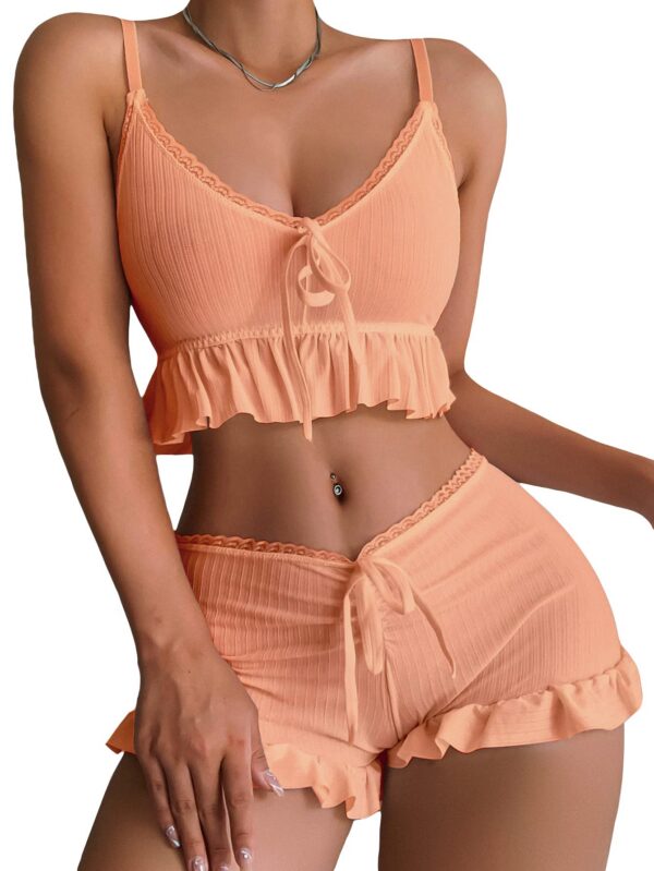 8e202a7565e52d35 SweatyRocks Women's 2 Piece Lingerie Set Pama Sets Ruffle Trim Tie Front Cami Top and Shorts Sleepwear