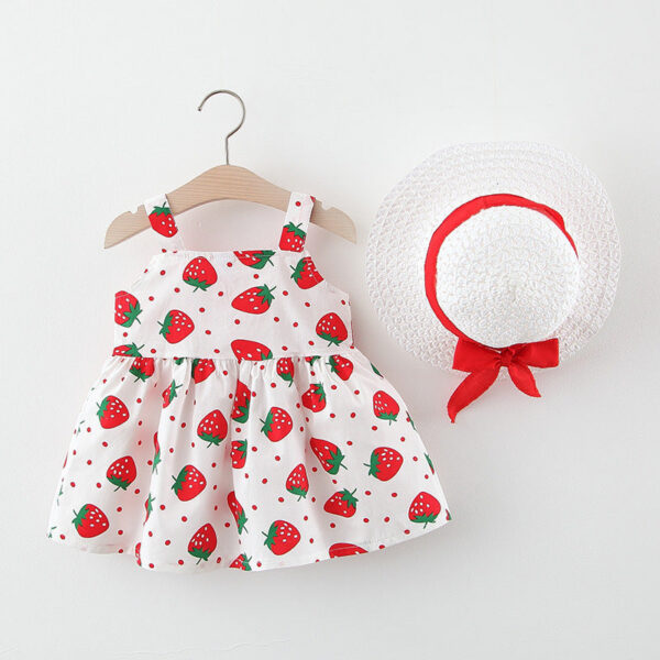 8e3fa1555c95a555 2Pcs/Set Summer Toddler Girls Dress Sweet Bow Strawberry Sleeveless Baby Clothes Suit Princess Party Children Costume 0 To 3 Y