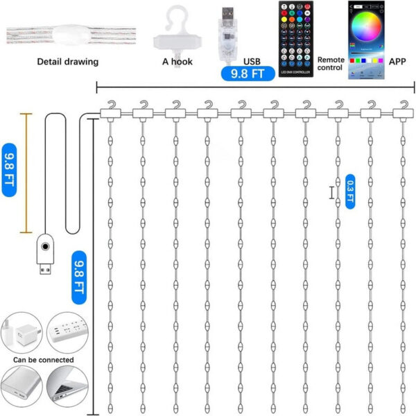 8e4a3f6ba3e60bd8 Smart LED Lights, 3mx3m 300Leds USB Lights with Bluetooth App Timer ,Music Sync Christmas Curtain String Outdoor