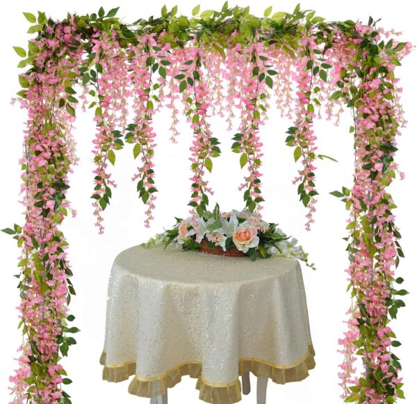 Lvydec Wisteria Artificial Flowers Garland, 4 Pcs Total 28.8ft Artificial Wisteria Vine Silk Hanging Flower for Home Garden Outdoor Ceremony Wedding Arch Floral Decor (Pink)