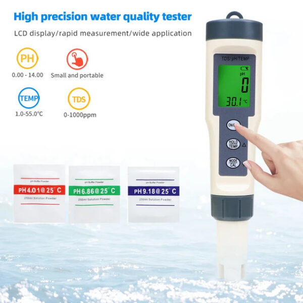 Multifunctional Meter Waterproof Water Quality Tester PH/TDS/EC/Temp Detector PH Test Pen with backlight for Aquarium Pool