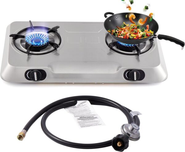 Propane Stove 2 Burner Gas Stove,Portable Stainless Steel Stove,Auto Ignition Camping Dual LPG for RV, Apartment, Outdoor