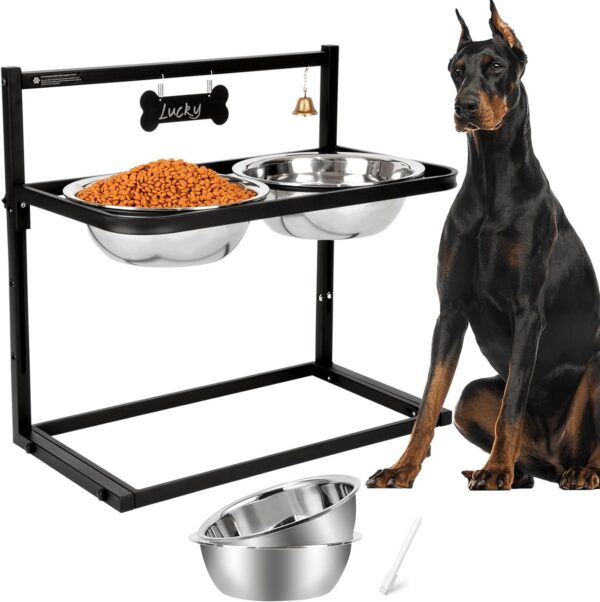 SHAINFUN Elevated Dog Bowls for Medium Dogs and Cats - Raised Cat or Dog Bowl Stand with Adjustable Height and Two Stainless Steel Food Bowls - Ideal for Medium and Small Dogs and Cats.