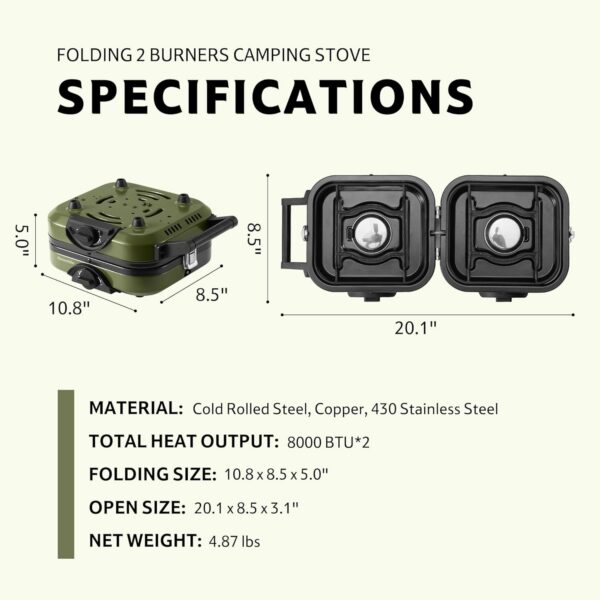 Naturehike 2 Burner Folding Camping Stove, Portable Propane Gas Stove with Carry Bag, 16000 BTU High-Performance Camp Stove with ETL Certification, Adjustable Burners & Piezo Ignition