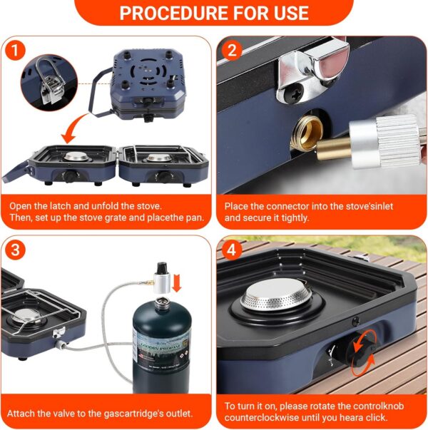90593f29af394498 2025 Upgraded 2-Burner Folding Propane Camp Stove - 16K BTU Portable Camping Stove w/Piezo Ignition, Griddle & Carry Bag for Tailgating, Barbecue (Blue)