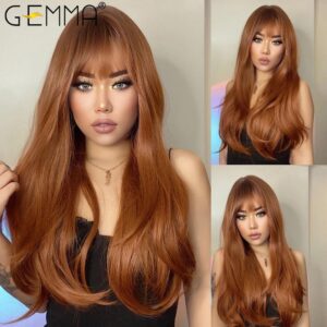 90917a3b59543537 GEMMA Ombre Brown Blonde Long Straight Synthetic Wigs with Bangs Cosplay Wig for Women High Temperature Natural Fake Hair