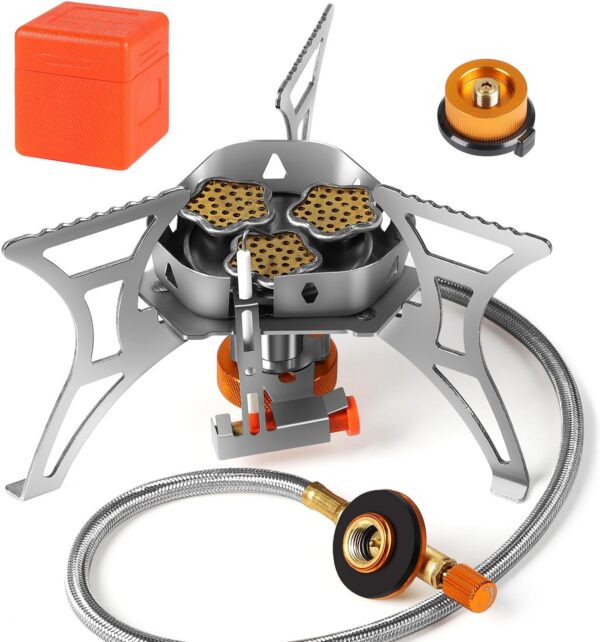 909b7be850d91c8c SWAWIS 3500W/6800W Windschutz Campingkocher Piezozündung Faltbarer Gaskocher Gasbrenner Camping Stove mit Adapter, Camping Kocher für Hiking Camping Picknick Trekking Outdoor Wandern