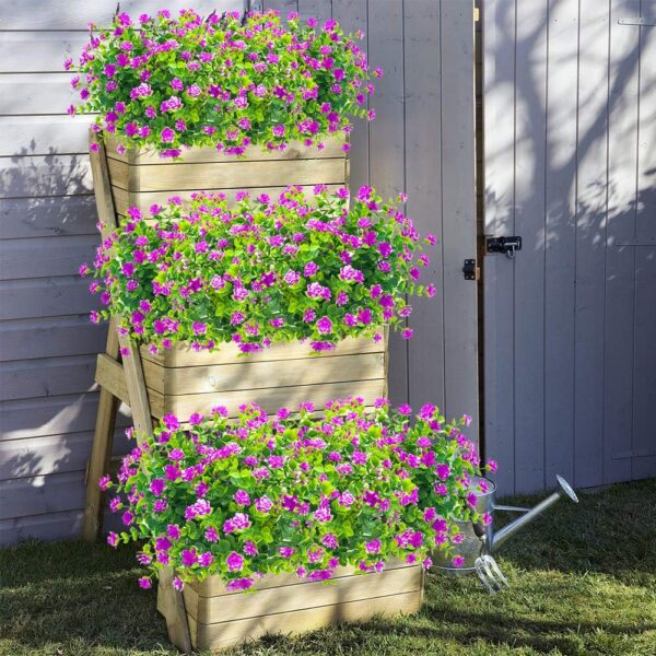 Grunyia 10 Bundles Artificial Fake Flowers, Faux Outdoor Plastic Plants UV Resistant Shrubs Outside Indoor Decorations (Purple-Eucalyptus)