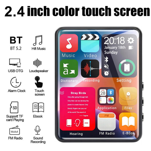 2.4-inch full-screen toucreen MP3 player, mini Mp4 player with Bluetooth, 4-128GB, hi-fi, HD, lossless recording, FM radio, v