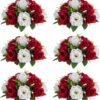 91704538c0ab70b5 NUPTIO Artificial Flower Centrepieces for Tables - 6 Pcs Crimson & White Fake Flowers Roses Balls 9.5in Diameter - Silk Faux Rose Arrangement for Wedding Party Centerpiece Table Decorations
