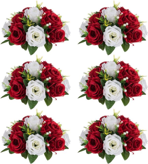 91704538c0ab70b5 NUPTIO Artificial Flower Centrepieces for Tables - 6 Pcs Crimson & White Fake Flowers Roses Balls 9.5in Diameter - Silk Faux Rose Arrangement for Wedding Party Centerpiece Table Decorations