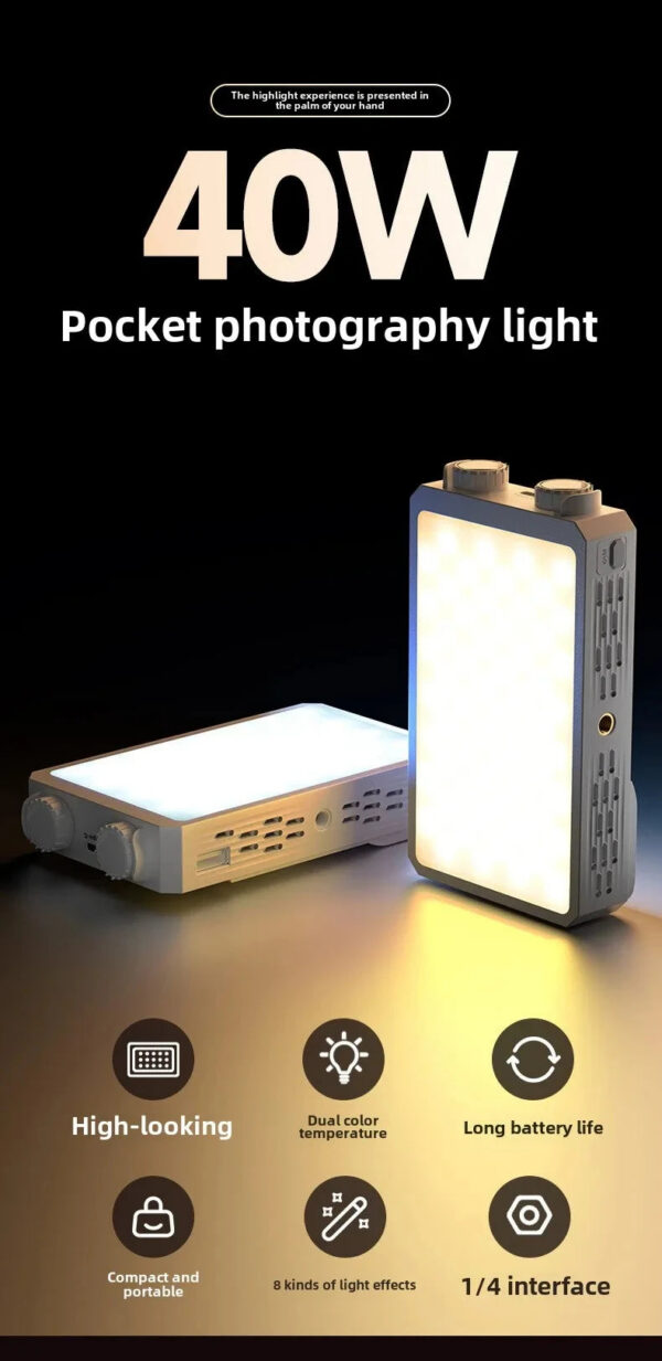 919b81e7d30a9243 40W Mini Portable LED Fill Video Light with Built-In Rechargeable Battery Fill Light for Mobile Phone Charging PD