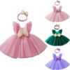 Baby Summer Flying Sleeves Mesh Open Back Bow Princess Girl Birthday Party Elegant Evening Dress