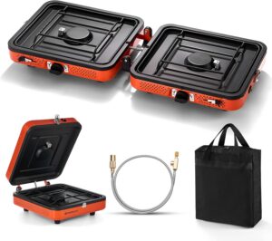 9201ba6111f7a7ca Odoland Portable 2 Burner Camping Stove, 4400W Camp Stoves Lightweight Camping Cooker with Automatic Ignition & Heat Control for Outdoor Backpacking & Picnic Cooking