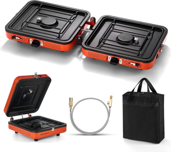 Odoland Portable 2 Burner Camping Stove, 4400W Camp Stoves Lightweight Camping Cooker with Automatic Ignition & Heat Control for Outdoor Backpacking & Picnic Cooking