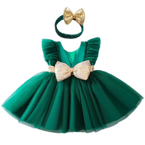 Baby Summer Flying Sleeves Mesh Open Back Bow Princess Girl Birthday Party Elegant Evening Dress