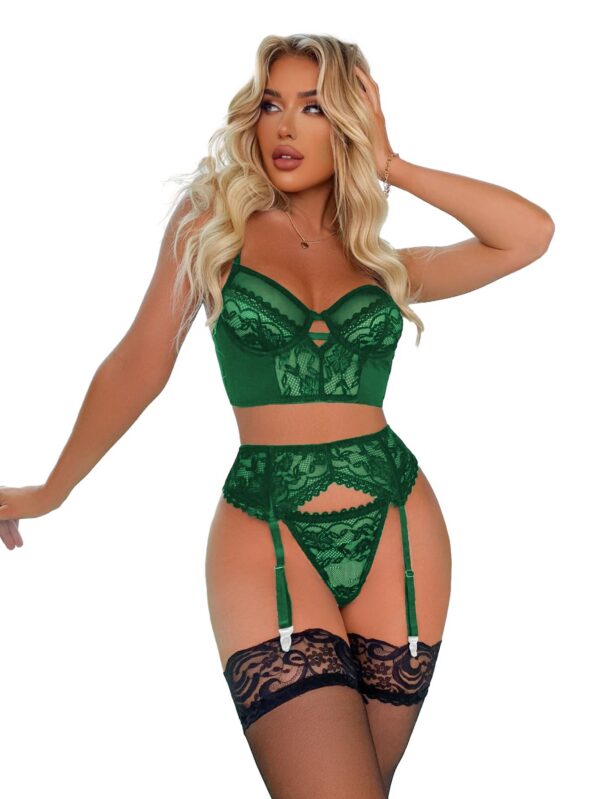 SOLY HUX Sexy for Women Naughty 4 Piece Lace Garter Belt Babydoll Lingerie Set with Stocking Underwire Bra and Panty