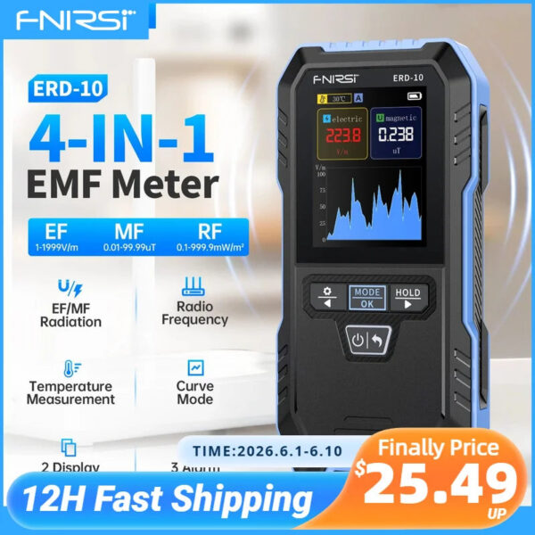 FNIRSI ERD-10 4-IN-1 Electromagnetic Radiation Detector, Electric & Magnetic Field Strength, RF Power, Temperature Monitor