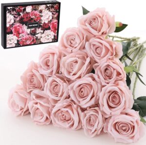 15Pcs Artificial Roses Velet Real Touch Single Stem Fake Roses Silk Realistic Bouquet Flowers Arrangements Home Office Garden Grave Party Wedding Decoration(Light Pink-15p, Blossom Roses)