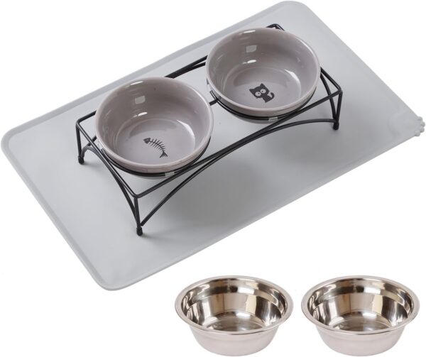 9447061204f531df FOREYY Elevated Cat Bowls with 2 Ceramic Bowls and 2 Stainless Steel Bowls,Raised Cat Food Water Bowl with Iron Stand,Porcelain Pet Dishes for Cats and Small Dogs,16 Ounces,Dishwasher Safe(Gray)