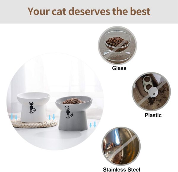 94550178b8e709c9 TAMAYKIM Tilted Ceramic Raised Cat Bowls, 8 OZ Food and Water Bowls Set for Kitty, Porcelain Elevated Stress Free Feeding Pet Dish, Dishwasher and Microwave Safe, 2 Pack (White & Grey)