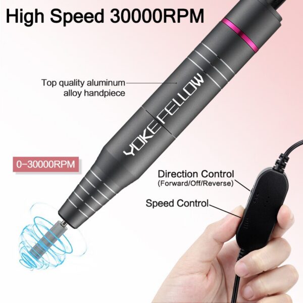 YOKEFELLOW Drill 30000RPM Professional Electric Nail File Kit for Acrylic Gel Nails Manicure Pedicure Home Use