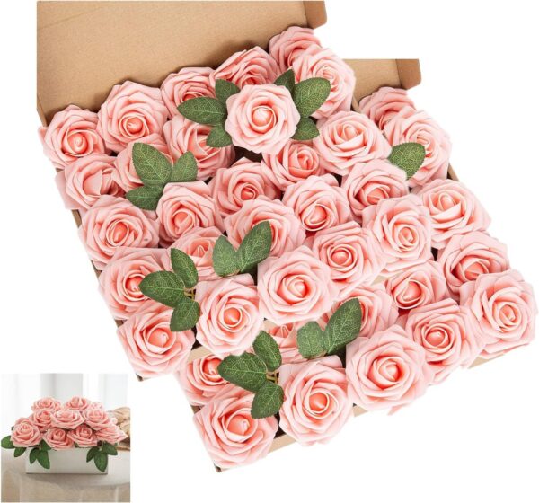 948666ce47ae6437 Artificial Flower Foam Purple Rose 50pcs Real Looking Fake Rose with Stems Leaves for Home Decoration Party Garden Centerpieces DIY Wedding Bouquets(Purple)