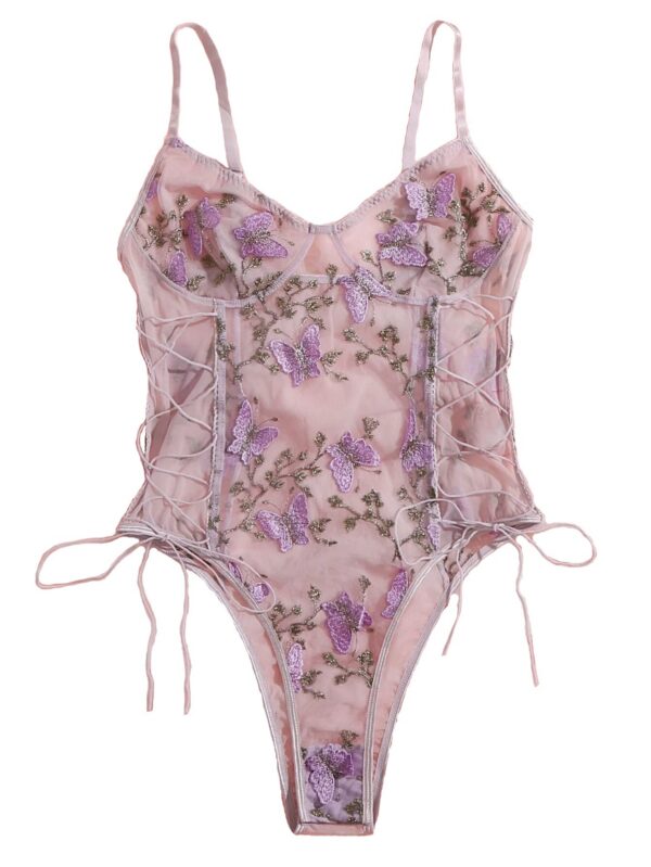 949d49aa01305f6a Lilosy Women Sexy Lace Up Floral Embroidered Teddy Lingerie Bodysuit Top Mesh Sheer One Piece